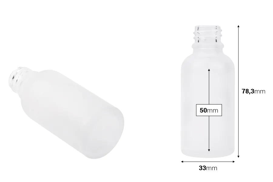 Γυάλινο μπουκαλάκι για αιθέρια έλαια 30 ml διάφανο αμμοβολής με στόμιο PP18 Γυάλινο μπουκαλάκι για αιθέρια έλαια 30 ml διάφανο αμμοβολής με στόμιο PP18