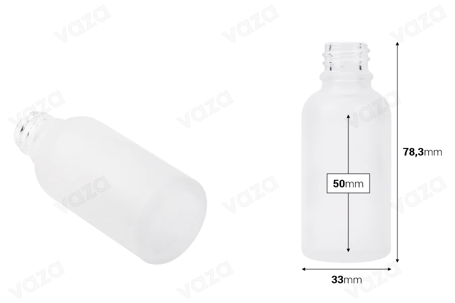 Γυάλινο μπουκαλάκι για αιθέρια έλαια 30 ml διάφανο αμμοβολής με στόμιο PP18 Γυάλινο μπουκαλάκι για αιθέρια έλαια 30 ml διάφανο αμμοβολής με στόμιο PP18-εικόνα_διαστάσεις