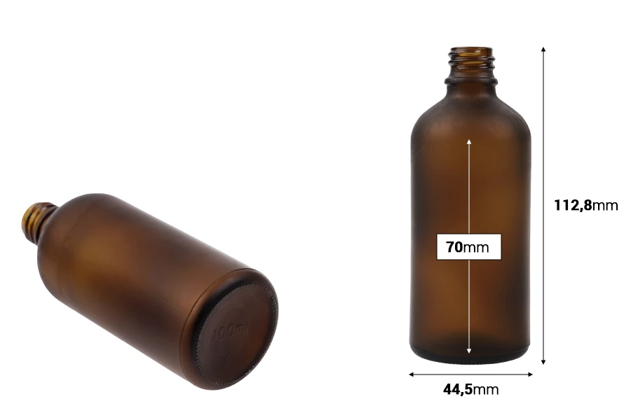 Γυάλινο μπουκαλάκι για αιθέρια έλαια 100 ml καραμελέ αμμοβολής με στόμιο PP18 Γυάλινο μπουκαλάκι για αιθέρια έλαια 100 ml καραμελέ αμμοβολής με στόμιο PP18