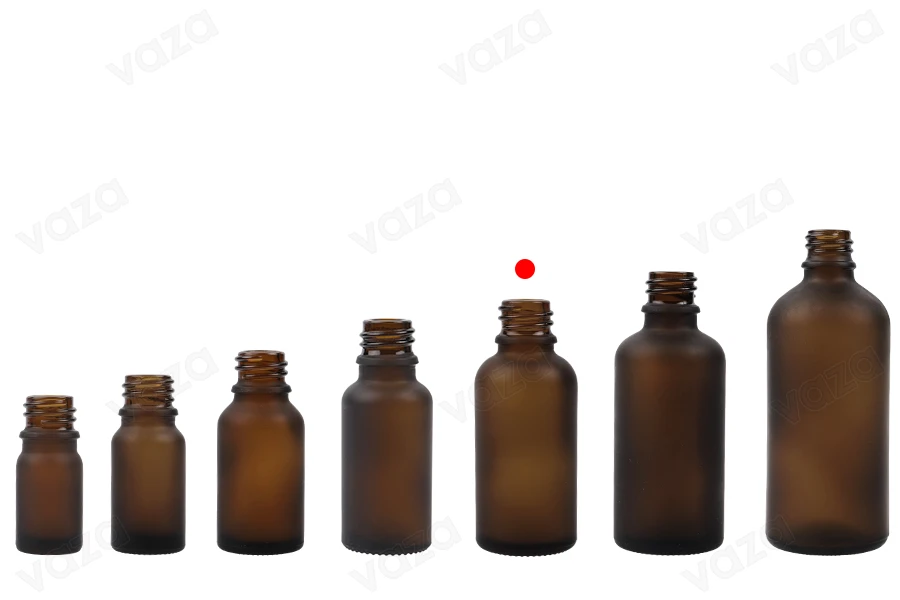 Flacone di vetro da 30 ml per oli essenziali con tappo a pressione colore ambrato sabbiato con beccuccio PP 18 Flacone di vetro da 30 ml per oli essenziali con tappo a pressione colore ambrato sabbiato con beccuccio PP 18-εικόνα_σύνθεση