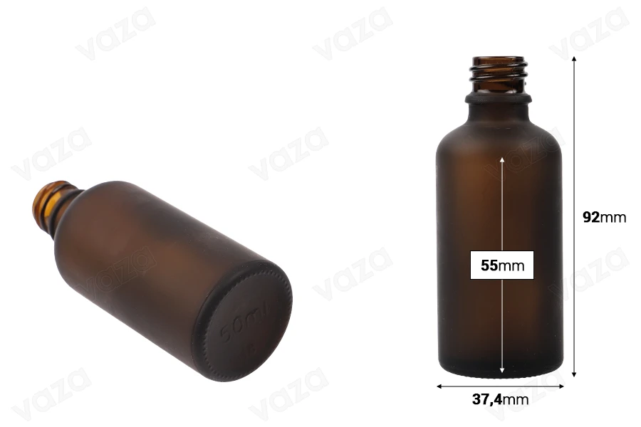 Shishe qelqi 50 ml për vajra esencialë, ngjyrë karamel mat, me grykë PP18. Shishe qelqi 50 ml për vajra esencialë, ngjyrë karamel mat, me grykë PP18.-imazh_dimensione