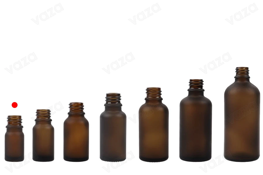 Flacone di vetro da 5 ml per oli essenziali con tappo a pressione colore ambrato sabbiato con beccuccio PP 18-gruppo_immagini
