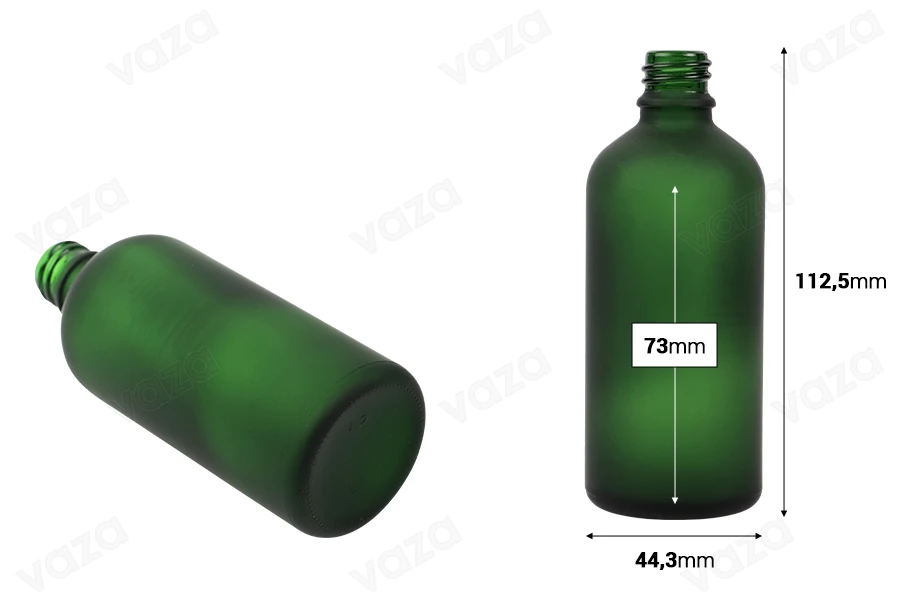 Glasflasche für ätherische Öle 100ml grünes Sandstrahlen mit PP18-Düse-bildabmessungen