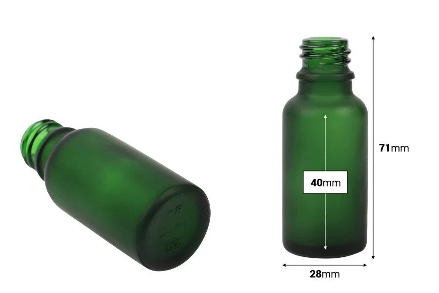 Γυάλινο μπουκαλάκι για αιθέρια έλαια 20 ml πράσινο αμμοβολής με στόμιο PP18 Γυάλινο μπουκαλάκι για αιθέρια έλαια 20 ml πράσινο αμμοβολής με στόμιο PP18