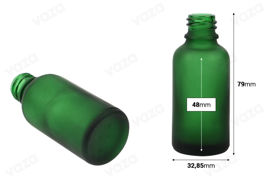 Γυάλινο μπουκαλάκι για αιθέρια έλαια 30 ml πράσινο αμμοβολής με στόμιο PP18 Γυάλινο μπουκαλάκι για αιθέρια έλαια 30 ml πράσινο αμμοβολής με στόμιο PP18-εικόνα_διαστάσεις