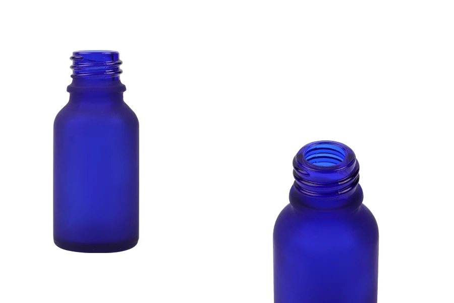 Γυάλινο μπουκαλάκι για αιθέρια έλαια 15 ml μπλε αμμοβολής με στόμιο PP18 Γυάλινο μπουκαλάκι για αιθέρια έλαια 15 ml μπλε αμμοβολής με στόμιο PP18