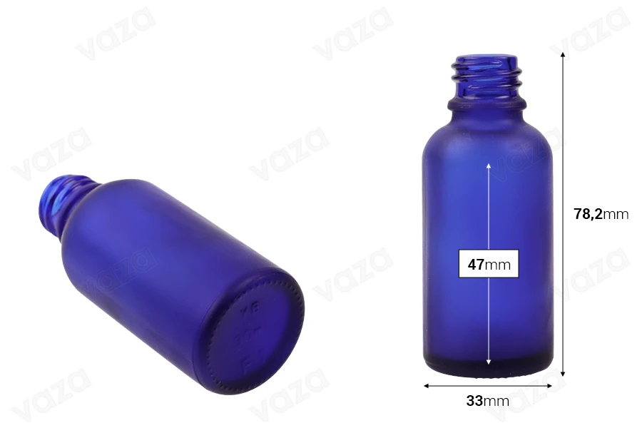 Γυάλινο μπουκαλάκι για αιθέρια έλαια 30 ml μπλε αμμοβολής με στόμιο PP18 Γυάλινο μπουκαλάκι για αιθέρια έλαια 30 ml μπλε αμμοβολής με στόμιο PP18-εικόνα_διαστάσεις