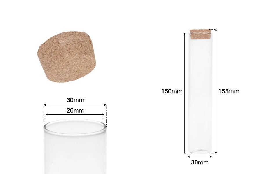 Faveurs de mariage ou de baptême sous la forme d'un tube en verre et avec bouchon en liège 30 x 150mm, avec un diamètre intérieur de la bouchée de 26mm, 80ml Faveurs de mariage ou de baptême sous la forme d'un tube en verre et avec bouchon en liège 30 x 150mm, avec un diamètre intérieur de la bouchée de 26mm, 80ml