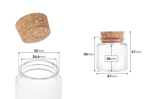 Bottiglietta di vetro a bocca larga con tappo conico, dimensioni 47x50 mm, capacità 50 ml.-2