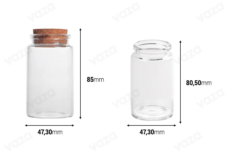 Γυάλινο μπουκαλάκι 100 ml ευρύστομο με κωνικό φελλό 47x85 Γυάλινο μπουκαλάκι 100 ml ευρύστομο με κωνικό φελλό 47x85-εικόνα_διαστάσεις