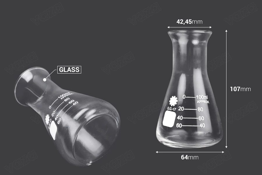Beuta conica di vetro (Erlenmeyer) da 100 ml con indicazioni di volumetria-dimensioni_immagine