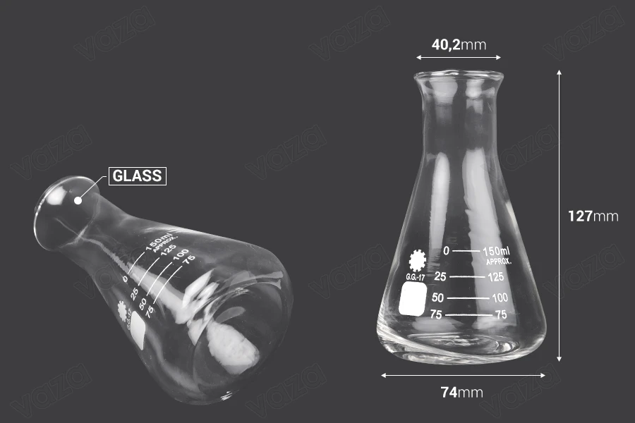Γυάλινη κωνική φιάλη (Erlenmeyer) 150 ml με ενδείξεις ογκομέτρησης Γυάλινη κωνική φιάλη (Erlenmeyer) 150 ml με ενδείξεις ογκομέτρησης-εικόνα_διαστάσεις