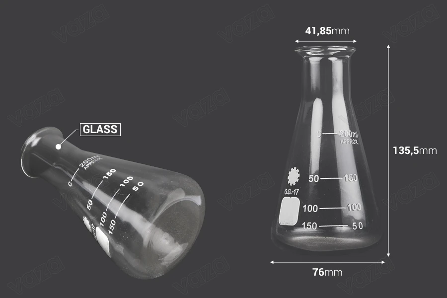 Γυάλινη κωνική φιάλη (Erlenmeyer) 200 ml με ενδείξεις ογκομέτρησης-εικόνα_διαστάσεις