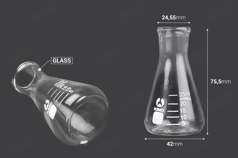 Γυάλινη κωνική φιάλη (Erlenmeyer) 25 ml με ενδείξεις ογκομέτρησης-εικόνα_διαστάσεις