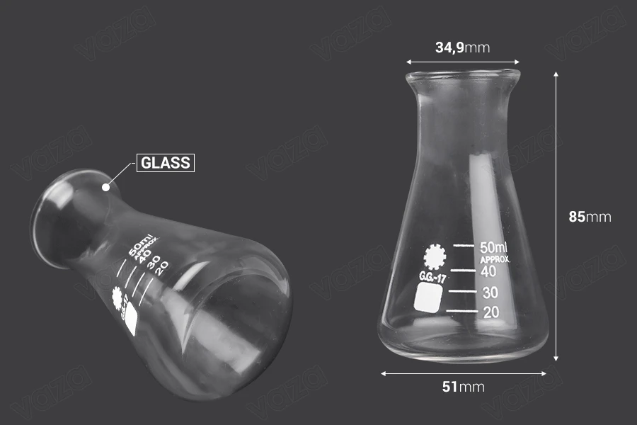 Γυάλινη κωνική φιάλη (Erlenmeyer) 50 ml με ενδείξεις ογκομέτρησης Γυάλινη κωνική φιάλη (Erlenmeyer) 50 ml με ενδείξεις ογκομέτρησης-εικόνα_διαστάσεις