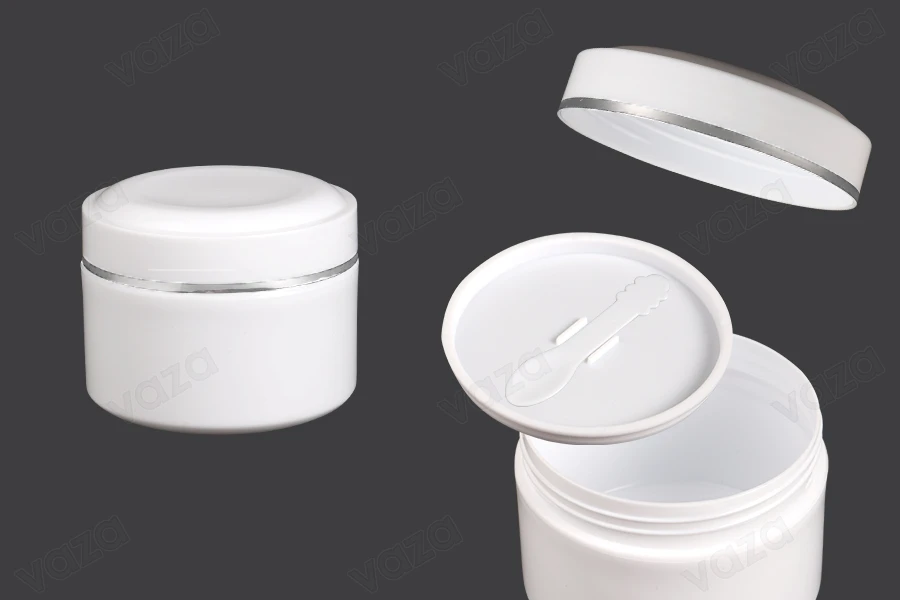 Weiße 250ml-Kunststoffdose (PP) mit Deckel, Löffel und Kunststoffdichtung – 12 Stück-produktbild