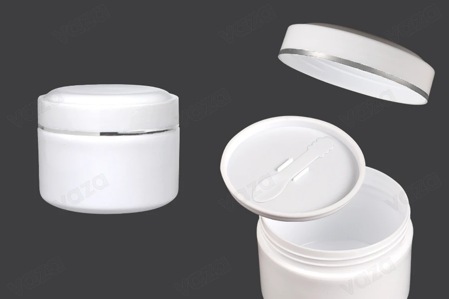 Kavanoz plastik (PP) 200 ml me ngjyrë të bardhë me kapak, lugë dhe tapë plastike - 12 copë Kavanoz plastik (PP) 200 ml me ngjyrë të bardhë me kapak, lugë dhe tapë plastike - 12 copë-imazh_produkt