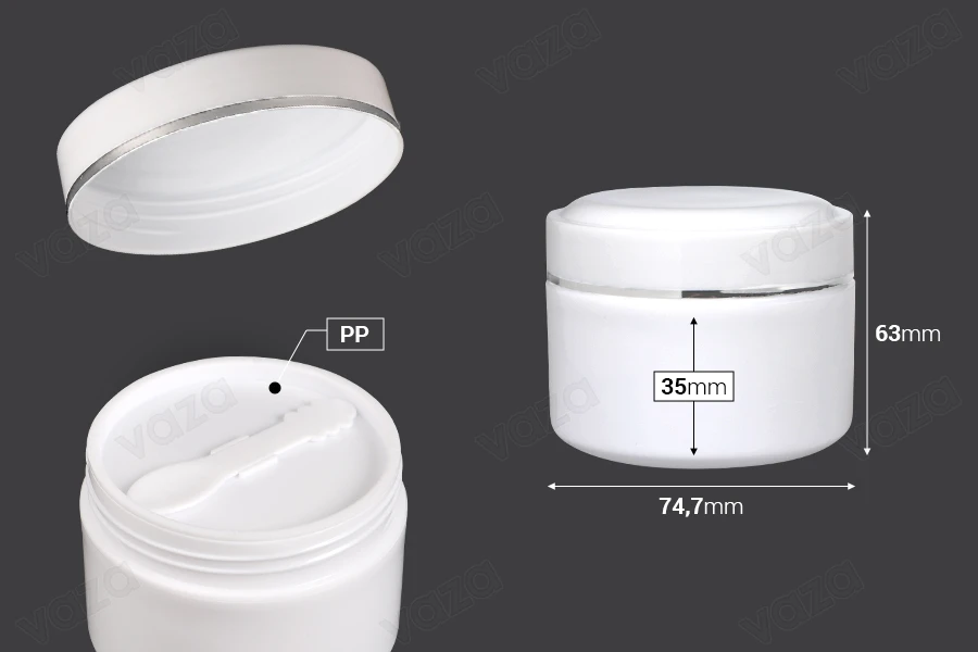 Kavanoz plastik (PP) 200 ml me ngjyrë të bardhë me kapak, lugë dhe tapë plastike - 12 copë Kavanoz plastik (PP) 200 ml me ngjyrë të bardhë me kapak, lugë dhe tapë plastike - 12 copë-imazh_dimensione