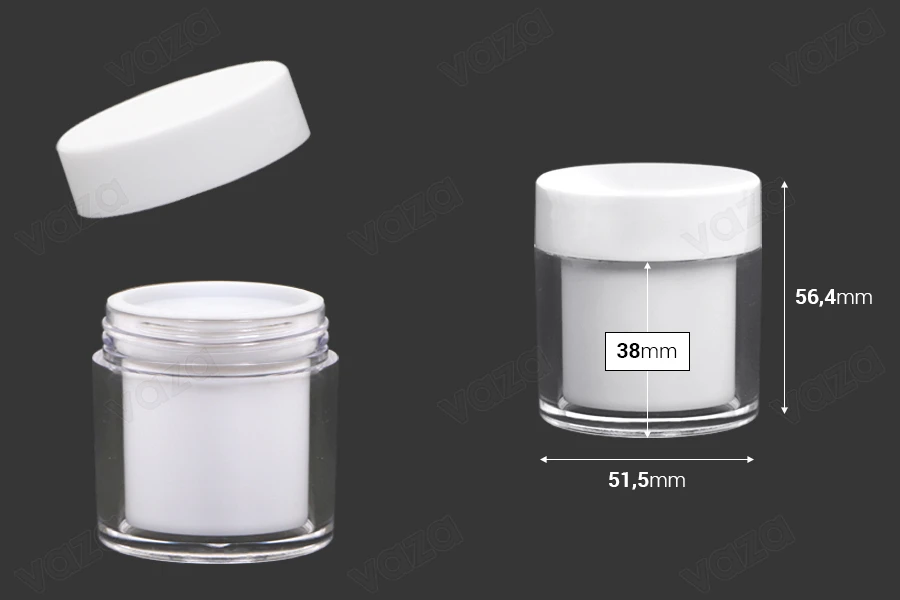 Petit pot en acrylique de 50ml de couleur blanche avec joint intérieur sur le couvercle et plastique sur le pot - 6 pcs-photo_dimensions