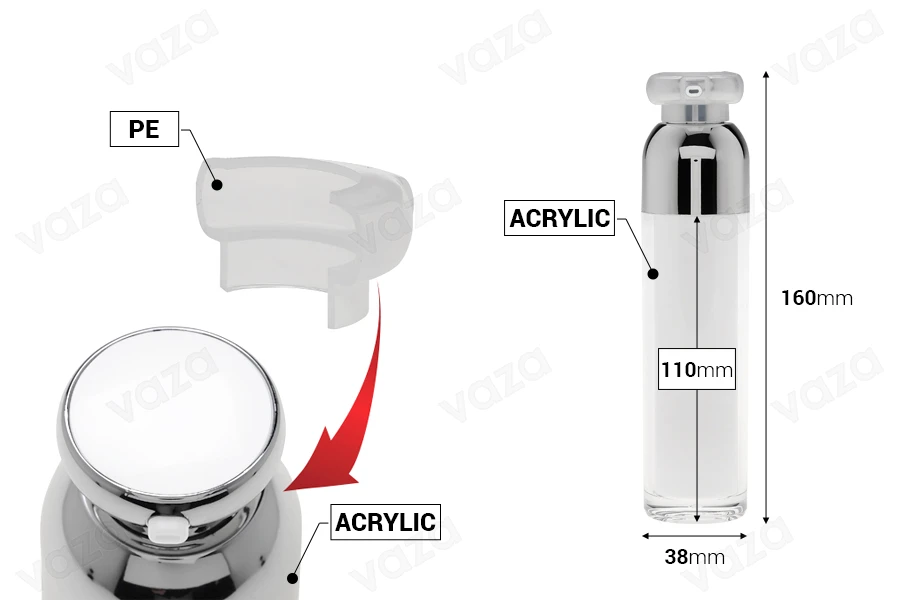 Acrylic Airless Bottle for creams - 50 ml (Transparent exterior and White interior) with Pump and Protective Cap Acrylic Airless Bottle for creams - 50 ml (Transparent exterior and White interior) with Pump and Protective Cap-εικόνα_διαστάσεις