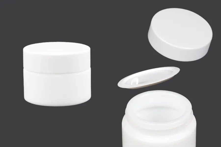 Pot à crème en verre de 30 ml, blanc avec couvercle, doublure et joint en plastique Pot à crème en verre de 30 ml, blanc avec couvercle, doublure et joint en plastique