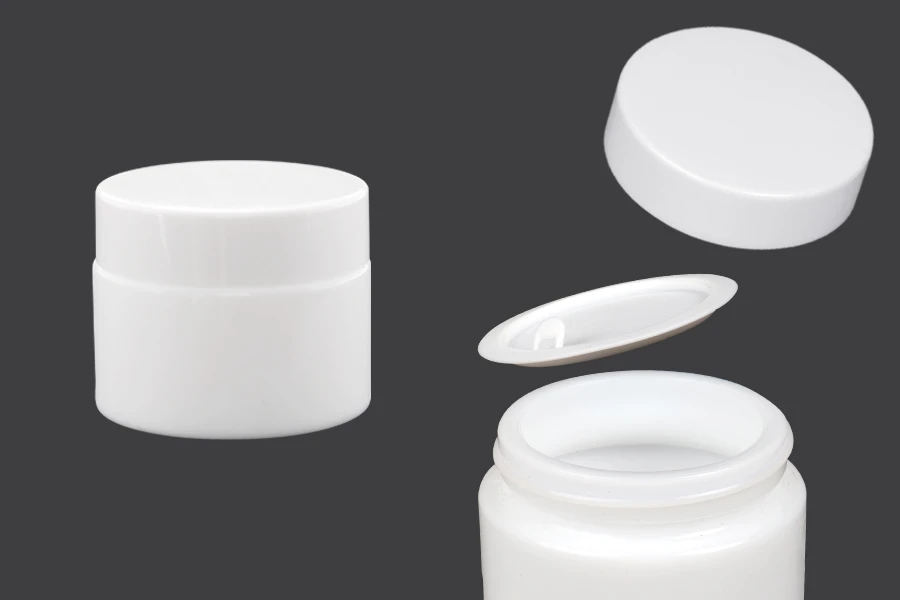 Βάζο για κρέμα 50 ml γυάλινο, λευκό με καπάκι, liner και πλαστικό παρέμβυσμα