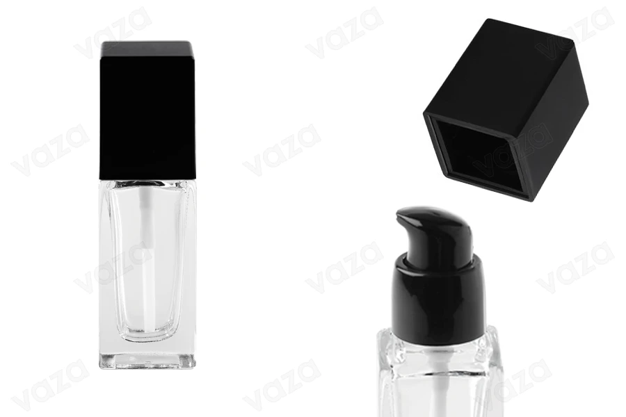 Square 30ml glass bottle in size 103x32 mm with black pump head and cap-image_product