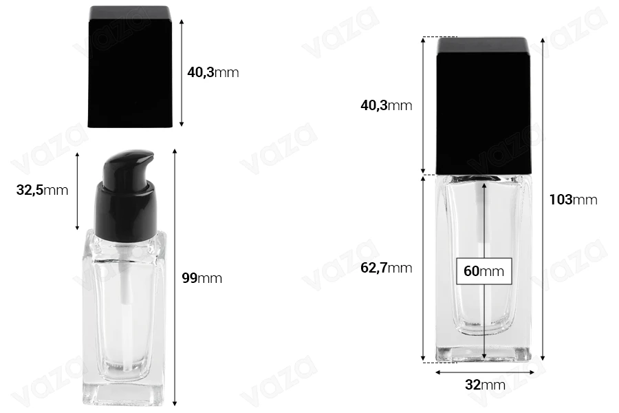 Square 30ml glass bottle in size 103x32 mm with black pump head and cap-image_dimensions
