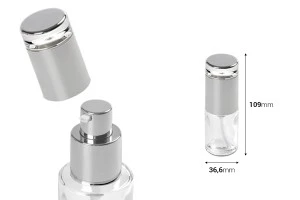 Bottiglietta da 30 ml in vetro trasparente con pompa in color argento e tappo.-2