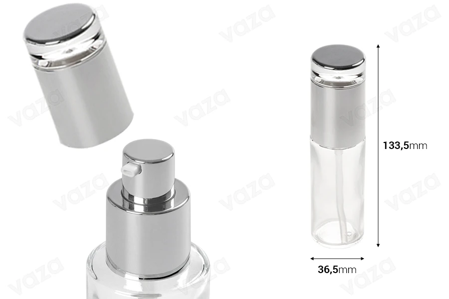 Flacon de 50ml en verre transparent avec pompe et bouchon argentés-εικόνα_διαστάσεις