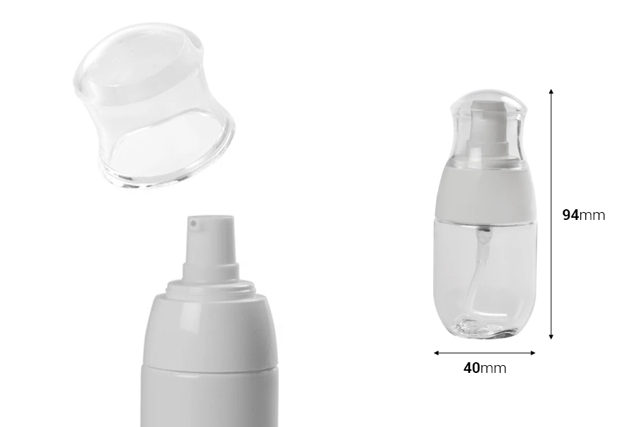 Μπουκαλάκι PET 30 ml με λευκή αντλία και διάφανο καπάκι Μπουκαλάκι PET 30 ml με λευκή αντλία και διάφανο καπάκι