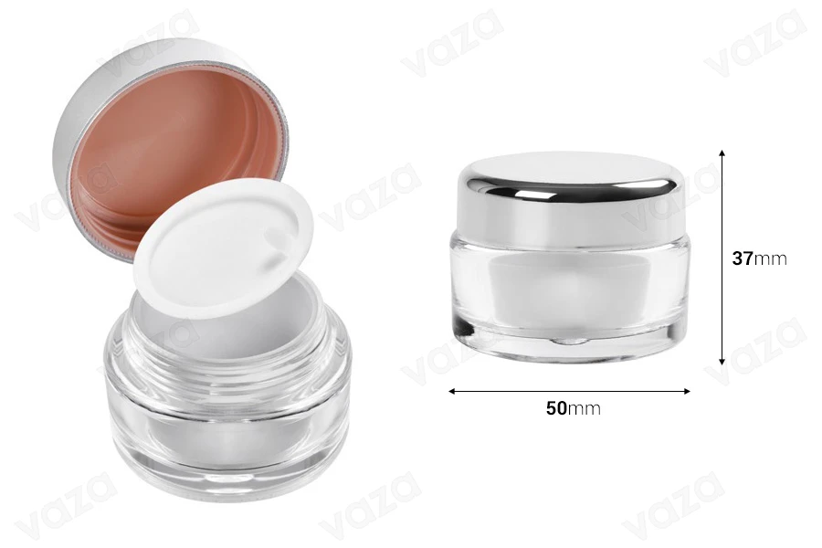 Kavanoz akrilik elegant 20 ml i rrumbullakët me tapë të brënshme në kapak dhe tapë plastike në kavanoz - 12 copë    -imazh_dimensione