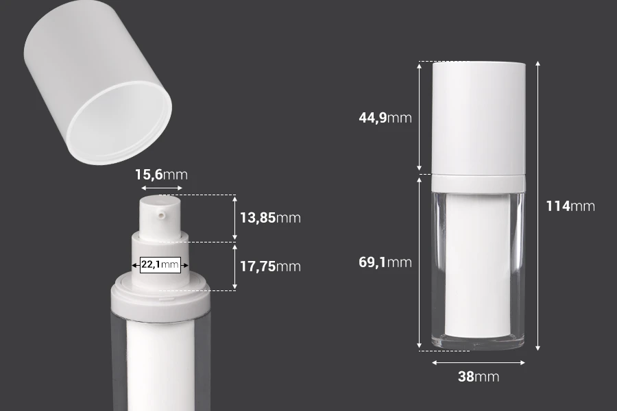 Flacon rechargeable airless en plastique de 15 ml pour crème avec étui extérieur en acrylique Flacon rechargeable airless en plastique de 15 ml pour crème avec étui extérieur en acrylique