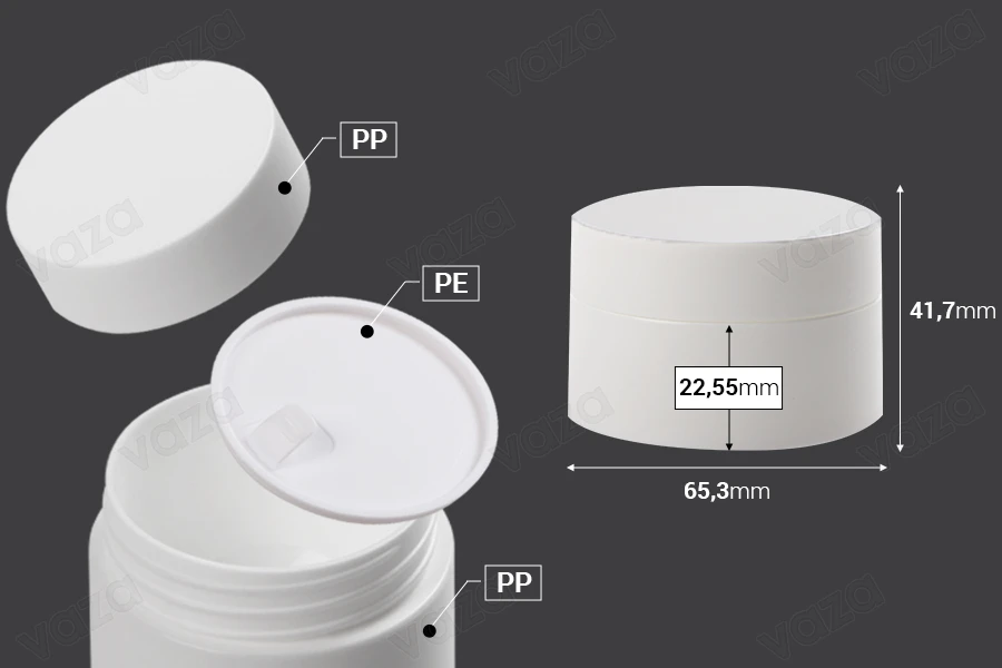 Kavanoz plastik 50 ml me fund të dyfishtë  me tapë të brendshme në kapak dhe tapë plastikë në kavanoz-imazh_dimensione