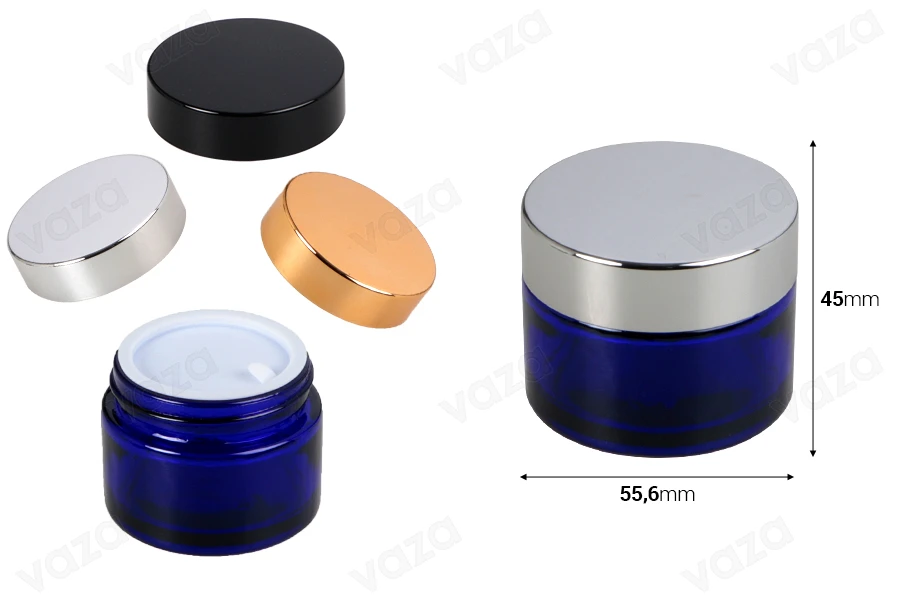 50ml blaues Glas mit Plastikdichtung in der Vase und im Deckel 50ml blaues Glas mit Plastikdichtung in der Vase und im Deckel-bildabmessungen