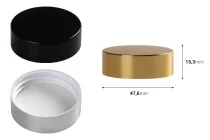 Kunststoffdeckel mit Aluminiumbeschichtung und Innendichtung für 50 ml Gläser Kunststoffdeckel mit Aluminiumbeschichtung und Innendichtung für 50 ml Gläser