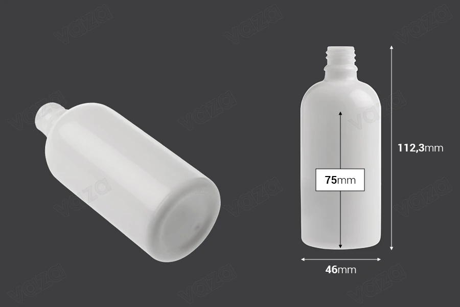 Γυάλινο μπουκαλάκι για αιθέρια έλαια 100 ml λευκό με στόμιο PP18-εικόνα_διαστάσεις