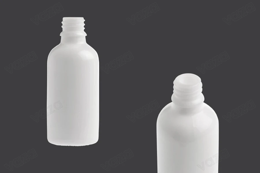 Shishe qelqi 50 ml për vajra esencialë, ngjyrë e bardhë, me grykë PP18.-imazh_produkt