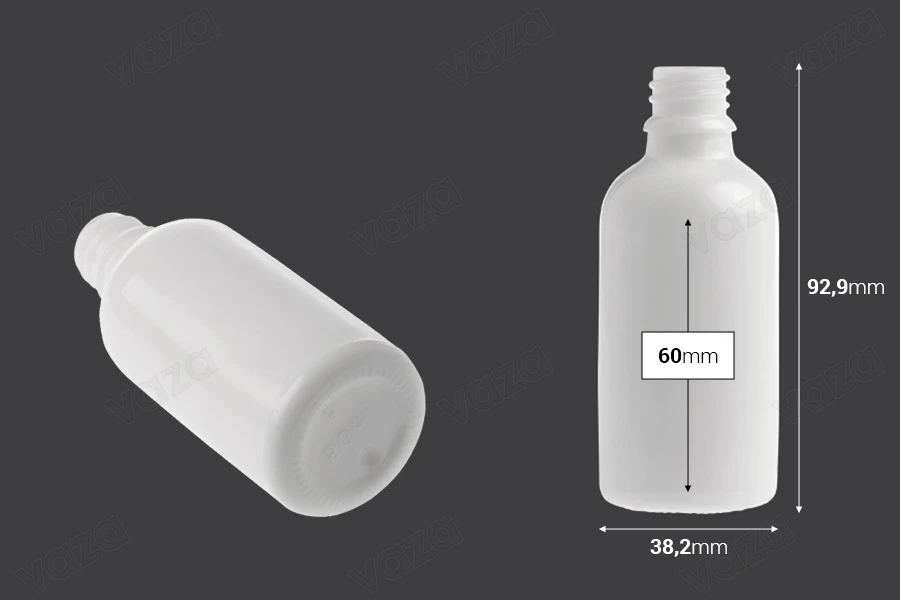 Shishe qelqi 50 ml për vajra esencialë, ngjyrë e bardhë, me grykë PP18.-imazh_dimensione