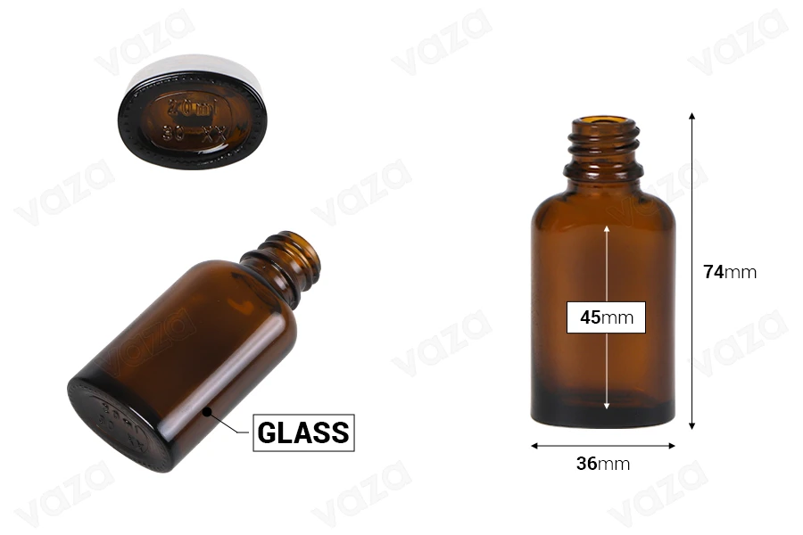 Shishe qelqi 20 ml për vajra esenciale, ovale në ngjyrë karamel (PP18)  -imazh_dimensione