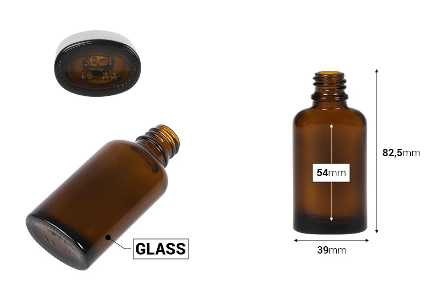 Flacon en verre de 30ml pour huiles essentielles en forme ovale de couleur caramel (PP18) Flacon en verre de 30ml pour huiles essentielles en forme ovale de couleur caramel (PP18)