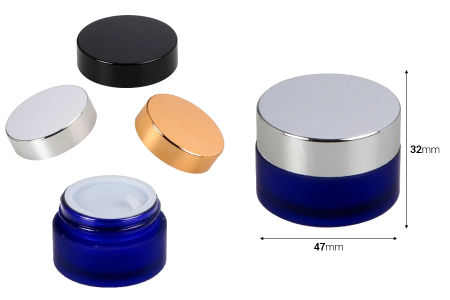 Blue frosted 20ml glass jar with sealing disc and EPE liner inserted in the cap Blue frosted 20ml glass jar with sealing disc and EPE liner inserted in the cap