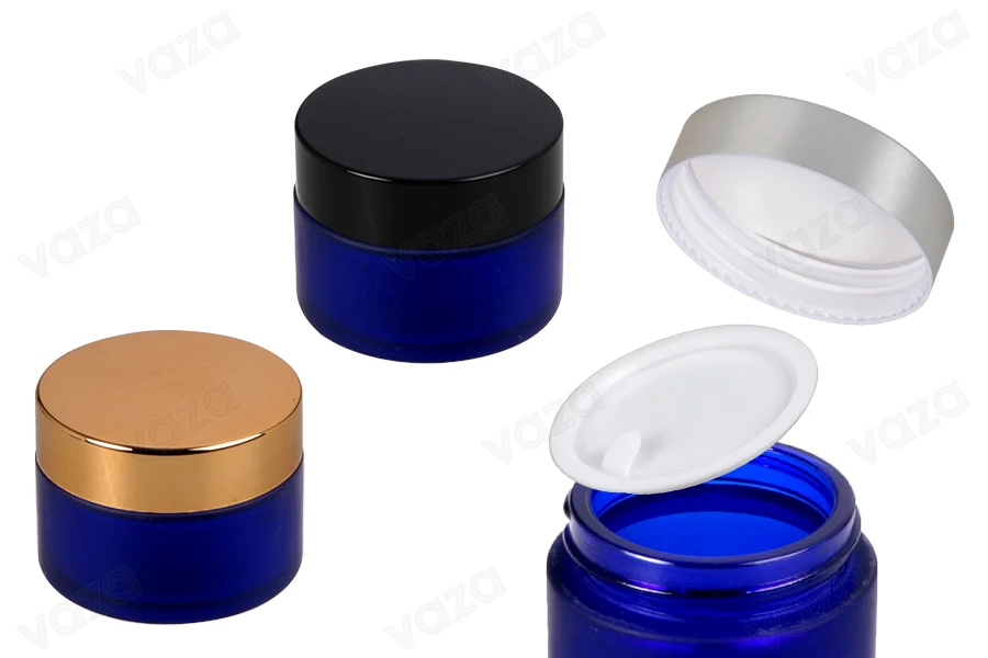 Kavanoz prej qelqi 30 ml blu mat me tapë plastike në vazo dhe tapë brenda kapakut      -imazh_produkt