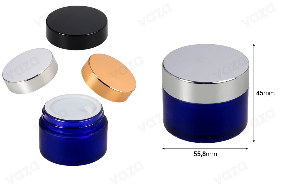 Blue frosted 50ml glass jar with sealing disc and EPE liner inserted in the cap Blue frosted 50ml glass jar with sealing disc and EPE liner inserted in the cap-image_dimensions