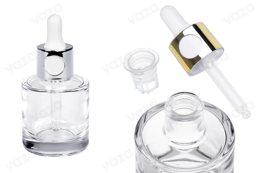 Flacon en verre de 30 ml avec compte-gouttes de couleur argent ou or et passoire Flacon en verre de 30 ml avec compte-gouttes de couleur argent ou or et passoire-photo_produit
