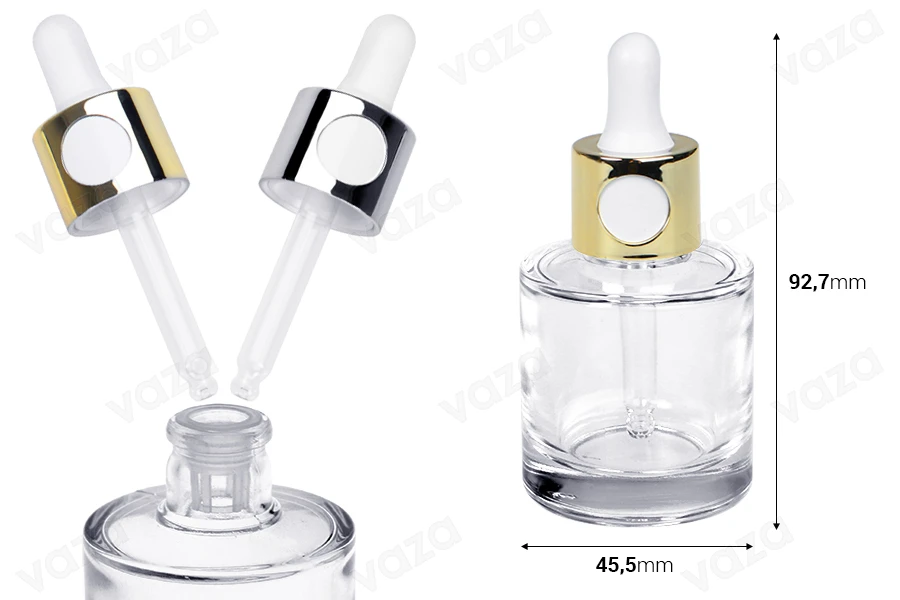 Flacon en verre de 30 ml avec compte-gouttes de couleur argent ou or et passoire Flacon en verre de 30 ml avec compte-gouttes de couleur argent ou or et passoire-photo_dimensions