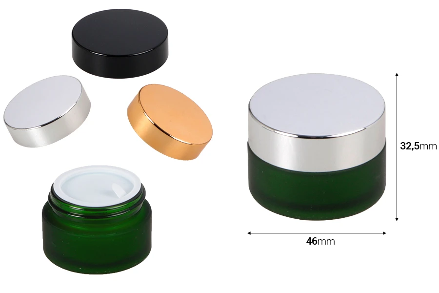 Green frosted 20ml glass jar with sealing disc and EPE liner inserted in the cap Green frosted 20ml glass jar with sealing disc and EPE liner inserted in the cap