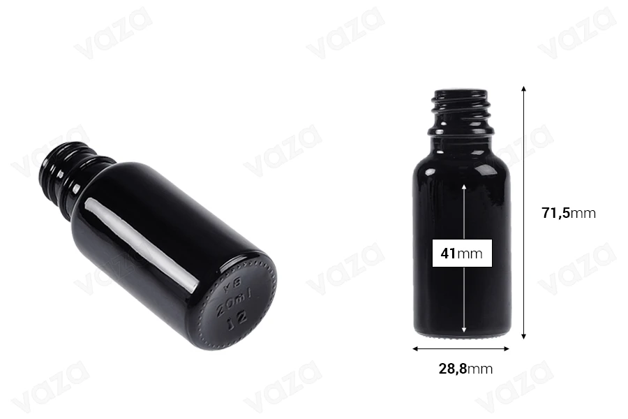 Schwarze Glasflasche für ätherische Öle 20ml mit PP18-Auslauf-bildabmessungen