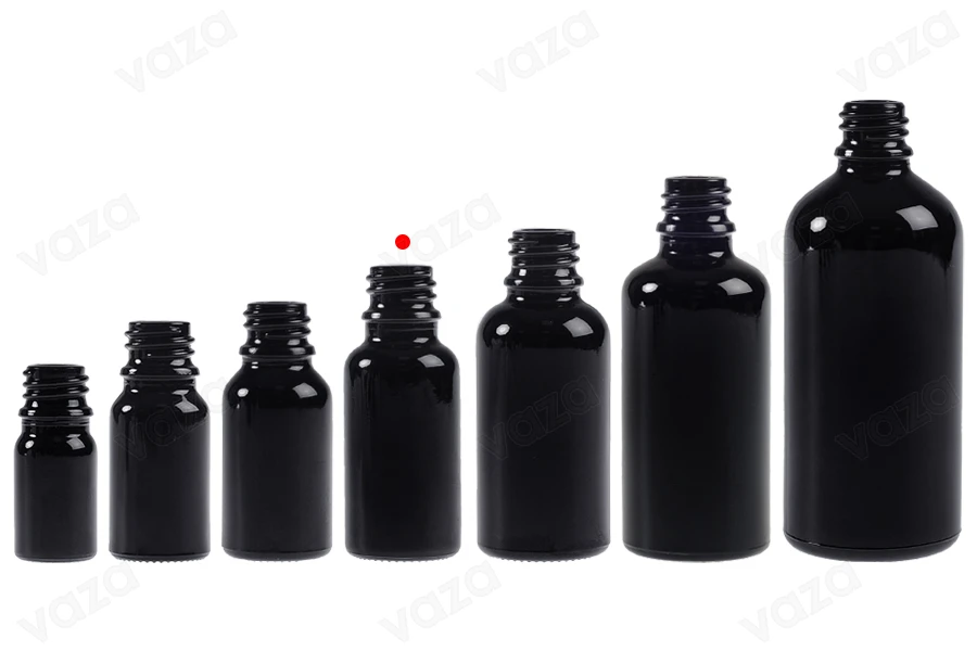 Schwarze Glasflasche für ätherische Öle 20ml mit PP18-Auslauf-bildgruppe