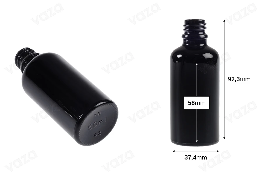 Shishe qelqi e zezë për vajra esencialë 50 ml me grykë PP18.-imazh_dimensione